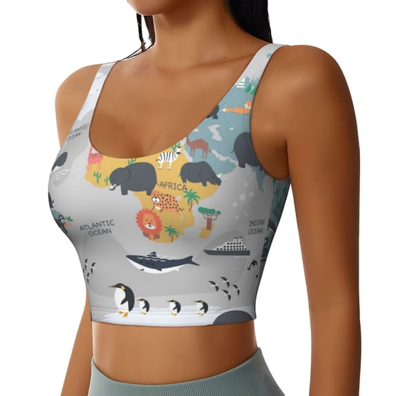 Uemuo The World Map with Cartoon Animals Pattern Women's Sports Bra - High Impact Support, Breathable, and Comfortable Athletic Bra for Running, Yoga, and Workouts