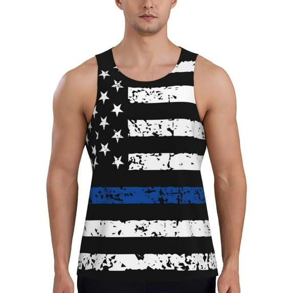 Uemuo Thin Blue Line Flag Pattern Men's Muscle Shirts Sleeveless Dry Fit Gym Workout Tank Top Lightweight Sports Tank Top Beach Tank Top, Loose-fit Sleeveless Shirt-Medium