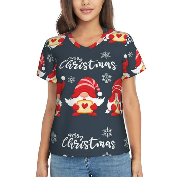 Uemuo Three Cute Christmas Gnomes Printed Women's Classic V-Neck T-Shirt - Soft, Breathable, Moisture-Wicking, Perfect for Casual, Office, Travel, and Everyday Wear-Medium