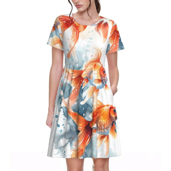 Uemuo Three Goldfish Watercolor Splash Print Womens Summer Dress Casual Swing Short Sleeve Sundresses Beach A-line Shift Dress