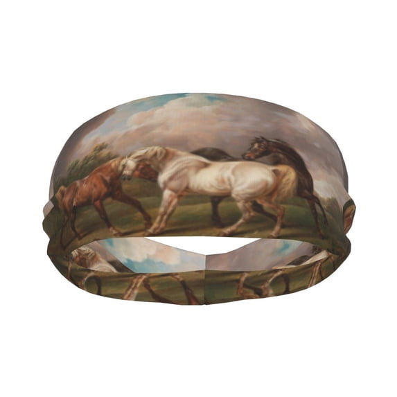 Uemuo Three Horses Oil Painting Printed Sports Headbands for Men Women,Moisture Wicking Workout Headband, Sweatband Headbands,Non-slip Workout Gym Yoga Headband