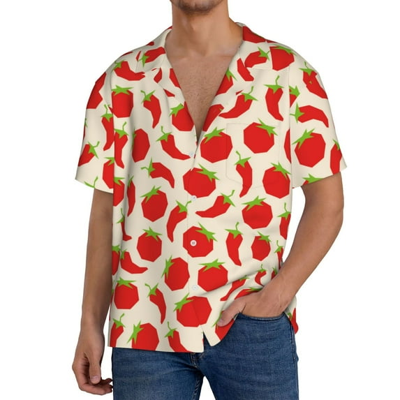 Uemuo Tomatoes And Chili Pattern Cotton Linen Short Sleeve Shirts,Casual Lightweight Button Down Shirts,Vacation Beach Summer Tops-Medium