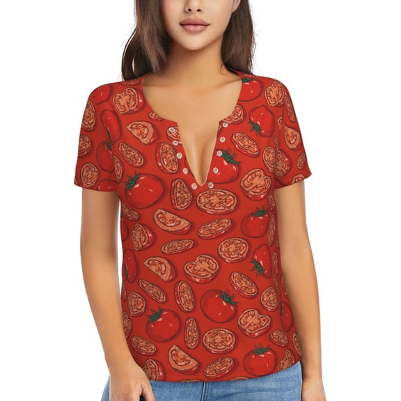 Uemuo Tomatoes Drawing Women's Deep V-Neck Low Cut Tops - Casual Loose Fit with Stainless Steel Loop, Soft, Breathable, Perfect for Office, Travel, and Daily Wear-Small