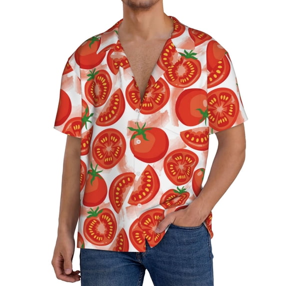 Uemuo Tomatoes Pattern Cotton Linen Short Sleeve Shirts,Casual Lightweight Button Down Shirts,Vacation Beach Summer Tops-X-Large