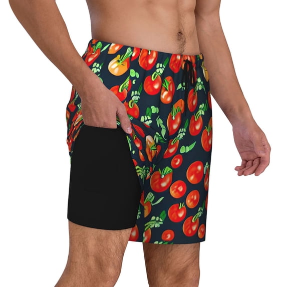 Uemuo Tomatoes Pattern Mens Swim Trunks Quick Dry Board Shorts with Mesh Lining, Stretch Beach Shorts Quick Dry No-Chafing Board Shorts-Small