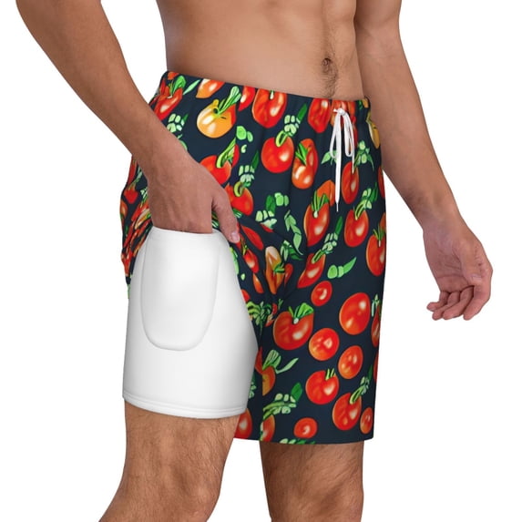 Uemuo Tomatoes Pattern Mens Swim Trunks Quick Dry Board Shorts with Mesh Lining, Stretch Beach Shorts Quick Dry No-Chafing Board Shorts-X-Large