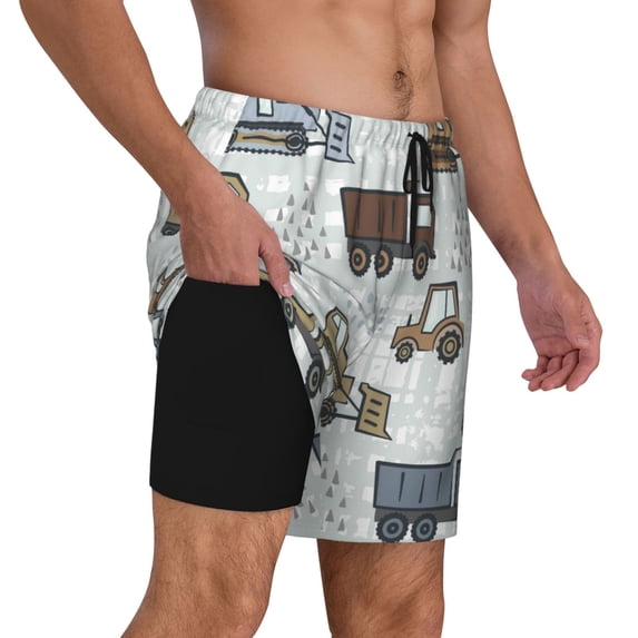 Uemuo Tractor and Dumper Pattern Mens Swim Trunks Quick Dry Board Shorts with Mesh Lining, Stretch Beach Shorts Quick Dry No-Chafing Board Shorts-