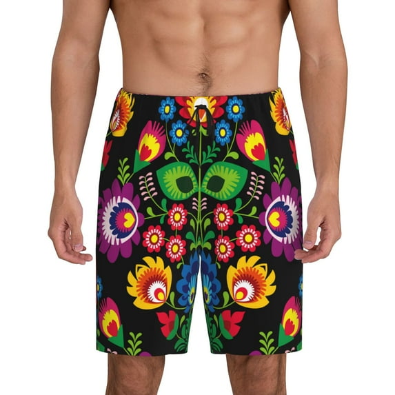 Uemuo Traditional Floral Polish Pattern Men's Short Pajama Pants – Soft & Breathable Lounge Shorts, Elastic Waistband with Pockets, Lightweight Sleepwear for All-Season Comfort-XX-Large
