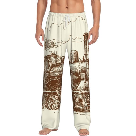 Uemuo Train Pattern Men's Wide Leg Palazzo Lounge Pants with Pockets Light Weight Loose Comfy Casual Pajama Pants-Large