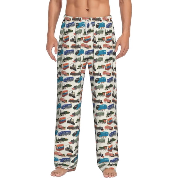 Uemuo Train Pattern Men's Wide Leg Palazzo Lounge Pants with Pockets Light Weight Loose Comfy Casual Pajama Pants-Medium