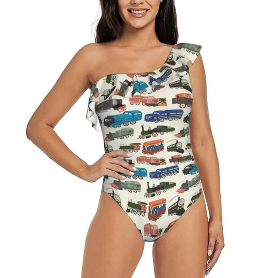Uemuo Train Print Women's One Piece Swimsuit Asymmetrical Neck Bathing Suit One Shoulder Side Cutout Ruffle Swimwear-Medium