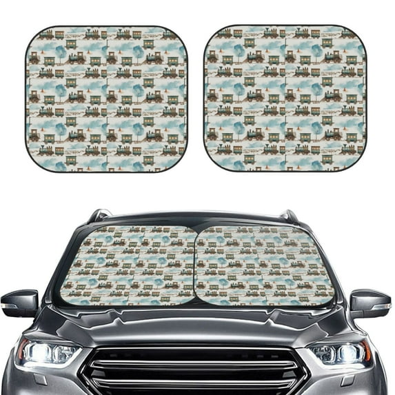 Uemuo Transport Train Printed 2 PCS Car Windshield Sun Shade, Auto Sun Heat and UV Rays Blocker, Foldable Automotive Front Window Sunshade Protector