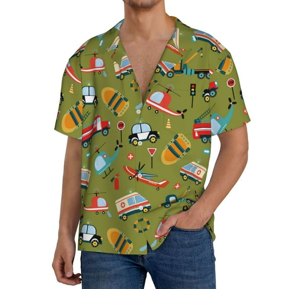 Uemuo Transportation Prints Pattern Cotton Linen Short Sleeve Shirts,Casual Lightweight Button Down Shirts,Vacation Beach Summer Tops-XX-Large