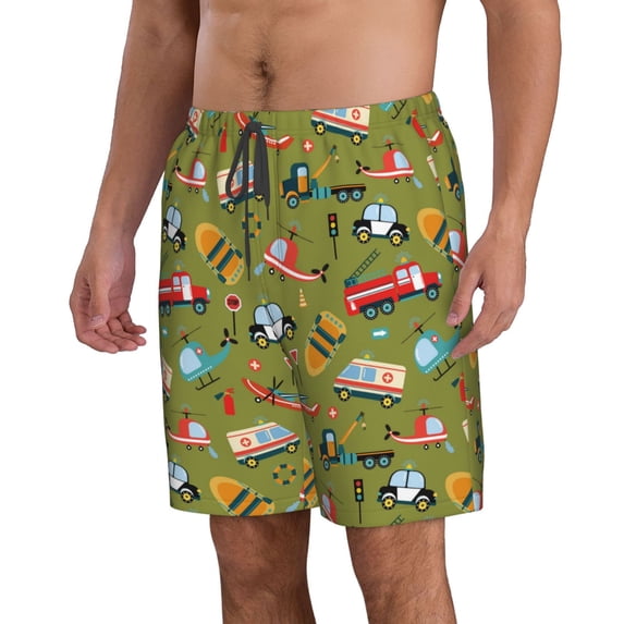 Uemuo Transportation Prints Pattern Men's Swim Trunks Hawaiian Beach Bathing Suit Swimsuits Beach Quick-Dry Shorts with Pockets-Small