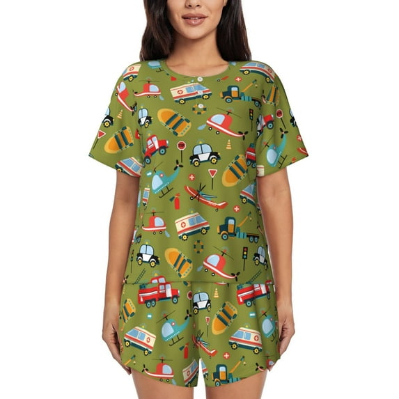 Uemuo Transportation Prints Pattern Women's Short-Sleeved Pajama, Button-Front Loungewear, 2-Piece Summer Sleepwear, Elastic Drawstring Shorts-Medium