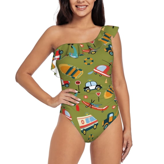 Uemuo Transportation Prints Print Women's One Piece Swimsuit Asymmetrical Neck Bathing Suit One Shoulder Side Cutout Ruffle Swimwear-Large