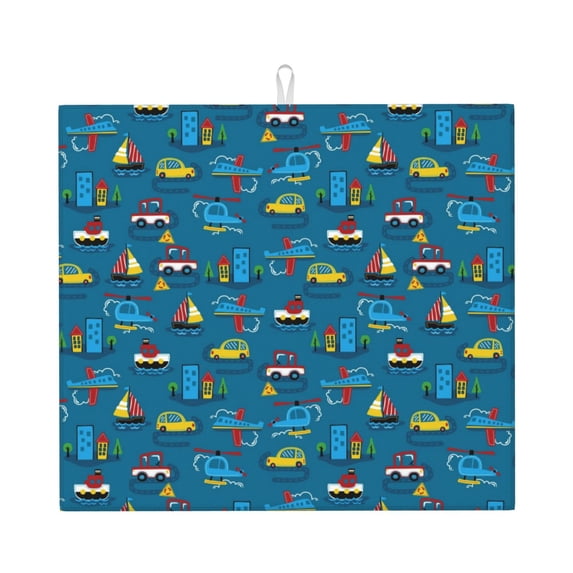 Uemuo Transportations with Buildings Pattern Dish Drying Mat,16*18 inch Absorbent Dish Drainer Kitchen Counter,Large Size Dish Drying Pad for Countertops,Sinks,Draining Racks