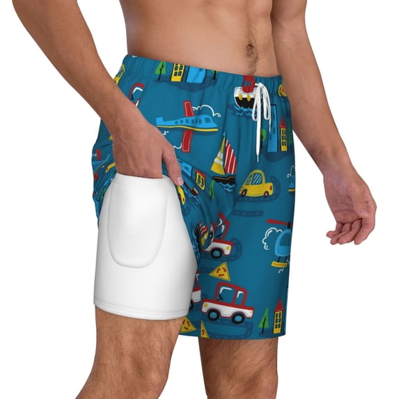 Uemuo Transportations with Buildings Pattern Mens Swim Trunks Quick Dry Board Shorts with Mesh Lining, Stretch Beach Shorts Quick Dry No-Chafing Board Shorts-Medium