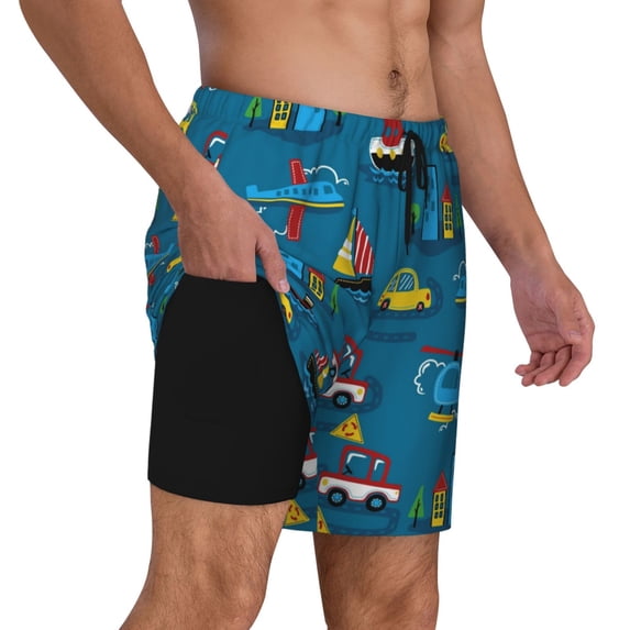 Uemuo Transportations with Buildings Pattern Mens Swim Trunks Quick Dry Board Shorts with Mesh Lining, Stretch Beach Shorts Quick Dry No-Chafing Board Shorts-Small