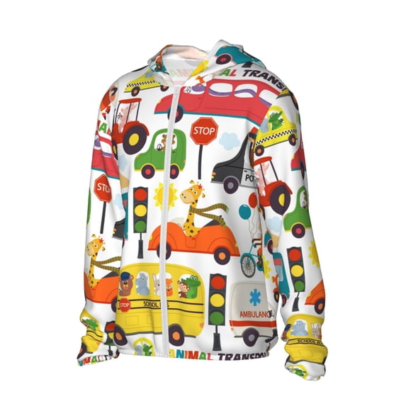 Uemuo Transports with Animals Pattern Women's Full Zip UPF 50+ Sun Protection Hoodie Jacket Long Sleeve Sun Shirt Hiking Outdoor Performance with Pockets-Medium