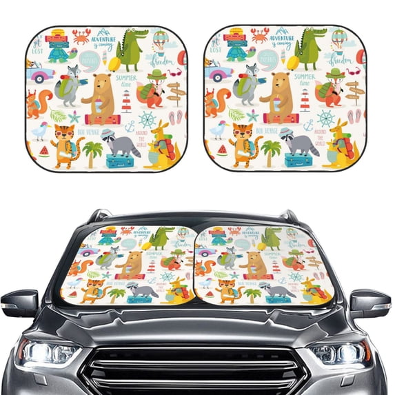 Uemuo Travel Animals Printed 2 PCS Car Windshield Sun Shade, Auto Sun Heat and UV Rays Blocker, Foldable Automotive Front Window Sunshade Protector