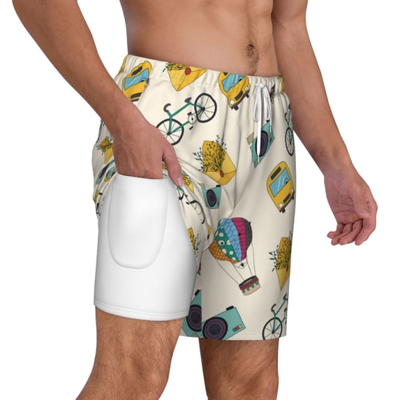 Uemuo Travel Elements Pattern Mens Swim Trunks Quick Dry Board Shorts with Mesh Lining, Stretch Beach Shorts Quick Dry No-Chafing Board Shorts-Large