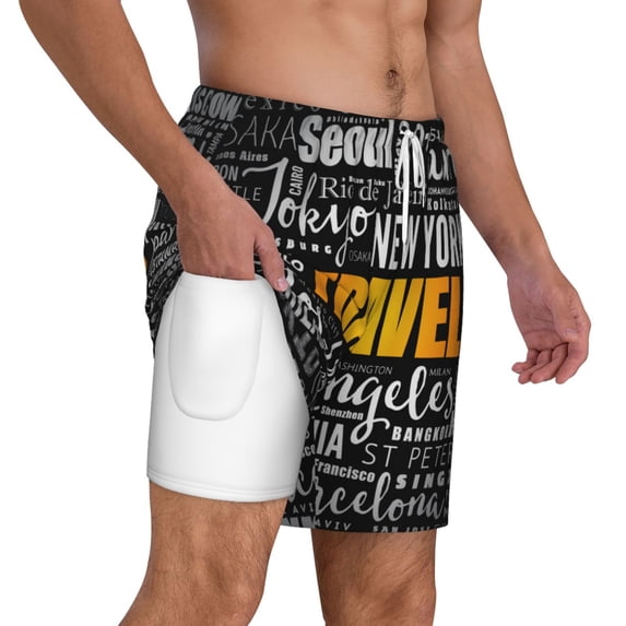 Uemuo Travel Pattern Mens Swim Trunks Quick Dry Board Shorts with Mesh Lining, Stretch Beach Shorts Quick Dry No-Chafing Board Shorts-XX-Large