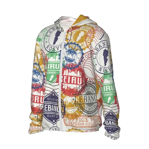 Uemuo Travel Stamp Pattern Women's Full Zip UPF 50+ Sun Protection Hoodie Jacket Long Sleeve Sun Shirt Hiking Outdoor Performance with Pockets-X-Large