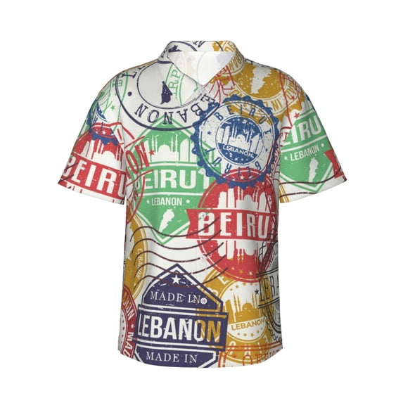 Uemuo Travel Stamp Printed Regular Fit Short Sleeve Casual Hawaiian Shirt for Men,Aloha shirt,Tropical shirt,Floral print shirt,Vacation Beach shirt-Medium