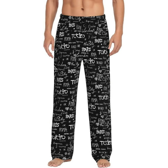 Uemuo Travel The World Pattern Men's Wide Leg Palazzo Lounge Pants with Pockets Light Weight Loose Comfy Casual Pajama Pants-Small