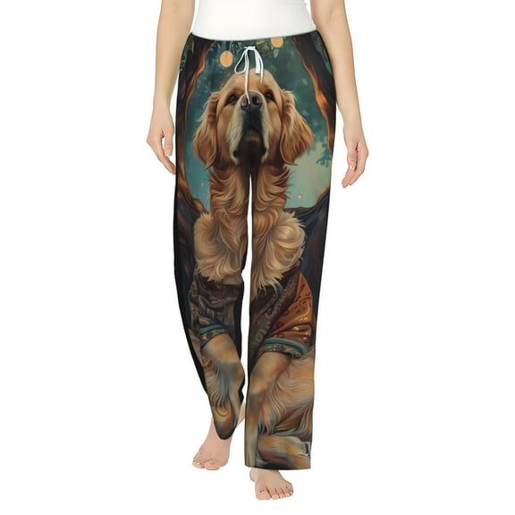 Uemuo Tree Meditating Golden Retriever Pattern Women's Wide Leg Palazzo Lounge Pants with Pockets Light Weight Loose Comfy Casual Pajama Pants-Large