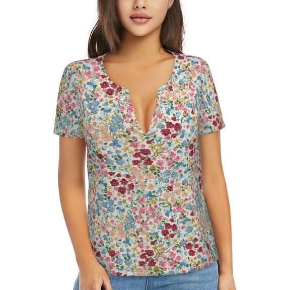 Uemuo Trendy Floral Design Drawing Women's Deep V-Neck Low Cut Tops - Casual Loose Fit with Stainless Steel Loop, Soft, Breathable, Perfect for Office, Travel, and Daily Wear-XX-Large