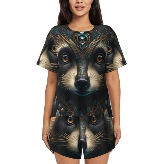 Uemuo Tribal Style Raccoon Pattern Women's Short-Sleeved Pajama, Button-Front Loungewear, 2-Piece Summer Sleepwear, Elastic Drawstring Shorts-X-Large