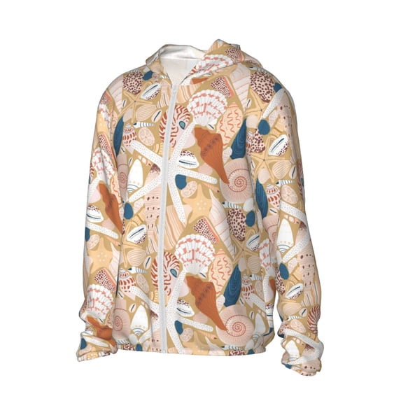 Uemuo Tropical Beach Sea Shell Pattern Women's Full Zip UPF 50+ Sun Protection Hoodie Jacket Long Sleeve Sun Shirt Hiking Outdoor Performance with Pockets-XX-Large