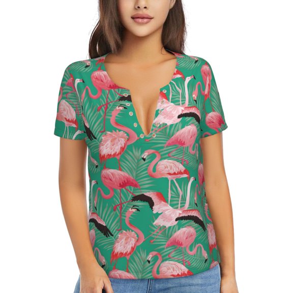 Uemuo Tropical Flamingo Drawing Women's Deep V-Neck Low Cut Tops - Casual Loose Fit with Stainless Steel Loop, Soft, Breathable, Perfect for Office, Travel, and Daily Wear-Large