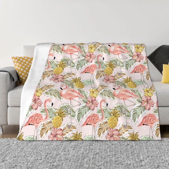 Uemuo Tropical Flamingo Pineapple Printed Throw Blanket for Couch, Fluffy Fuzzy Blankets for Bed, Sofa, Cozy Flannel Faux Fur Blanket-50"x40"