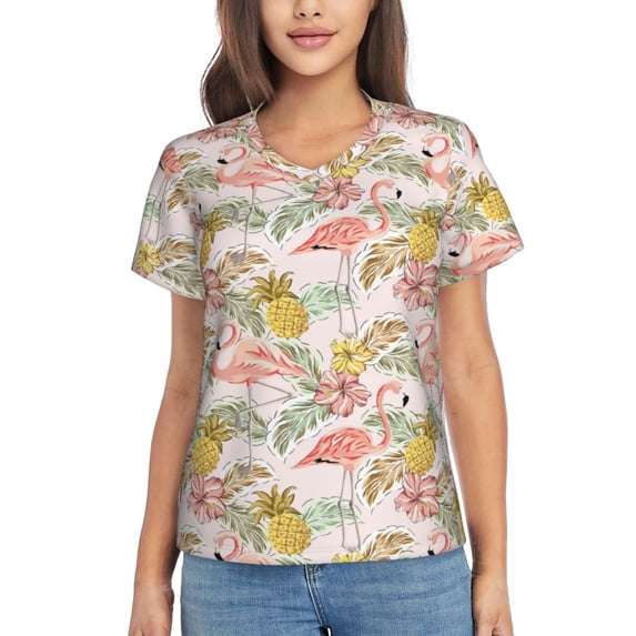 Uemuo Tropical Flamingo Pineapple Printed Women's Classic V-Neck T-Shirt - Soft, Breathable, Moisture-Wicking, Perfect for Casual, Office, Travel, and Everyday Wear-Small