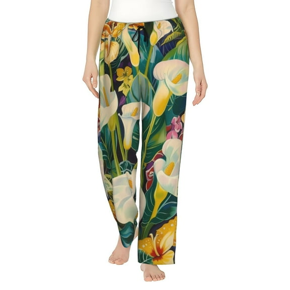 Uemuo Tropical Floral Jungle Pattern Women's Wide Leg Palazzo Lounge Pants with Pockets Light Weight Loose Comfy Casual Pajama Pants-XX-Large