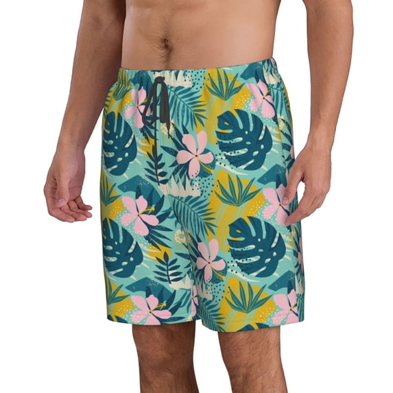 Uemuo Tropical Floral Pattern Men's Swim Trunks Hawaiian Beach Bathing Suit Swimsuits Beach Quick-Dry Shorts with Pockets-