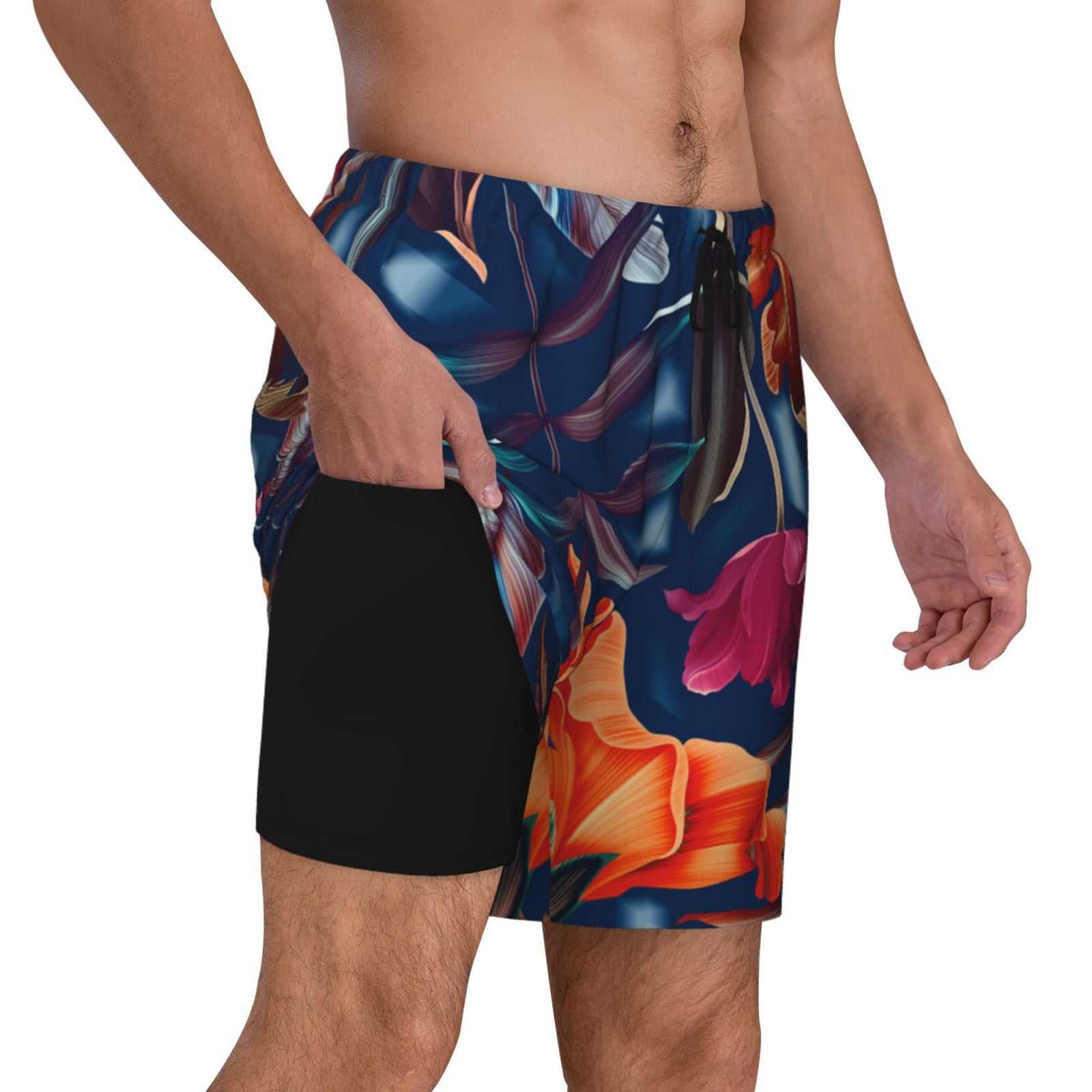 Uemuo Tropical Flower Pattern Mens Swim Trunks Quick Dry Board Shorts