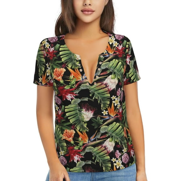 Uemuo Tropical Flowers (2) Drawing Women's Deep V-Neck Low Cut Tops - Casual Loose Fit with Stainless Steel Loop, Soft, Breathable, Perfect for Office, Travel, and Daily Wear-Large