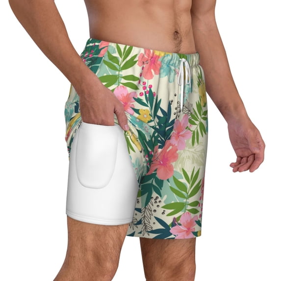 Uemuo Tropical Flowers Pattern Mens Swim Trunks Quick Dry Board Shorts with Mesh Lining, Stretch Beach Shorts Quick Dry No-Chafing Board Shorts-Medium