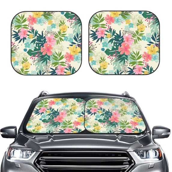 Uemuo Tropical Flowers Printed 2 PCS Car Windshield Sun Shade, Auto Sun Heat and UV Rays Blocker, Foldable Automotive Front Window Sunshade Protector