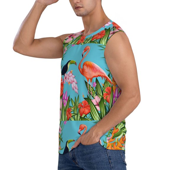 Uemuo Tropical Jungle Flamingo Pattern Men's Sleeveless T-Shirt,Muscle Athletic Tank Top, Moisture-wicking Quick-dry Breathable Classic Tee Top for Gym Run Outdoor Sports-Large