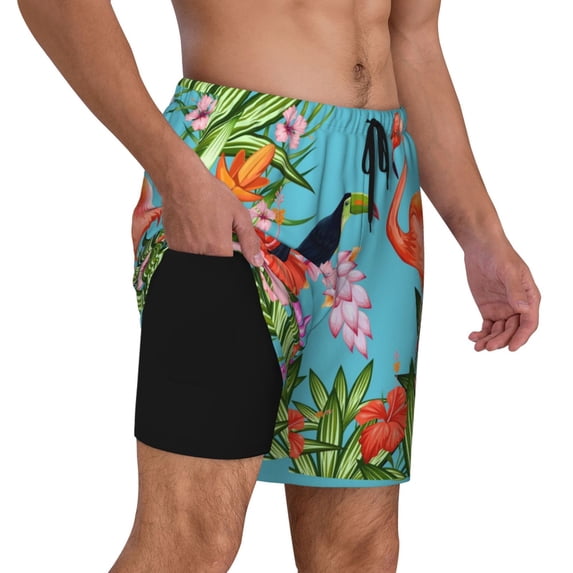 Uemuo Tropical Jungle Flamingo Pattern Mens Swim Trunks Quick Dry Board Shorts with Mesh Lining, Stretch Beach Shorts Quick Dry No-Chafing Board Shorts-Large