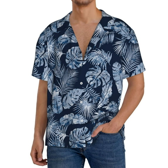 Uemuo Tropical Leaves Pattern Cotton Linen Short Sleeve Shirts,Casual Lightweight Button Down Shirts,Vacation Beach Summer Tops-Medium