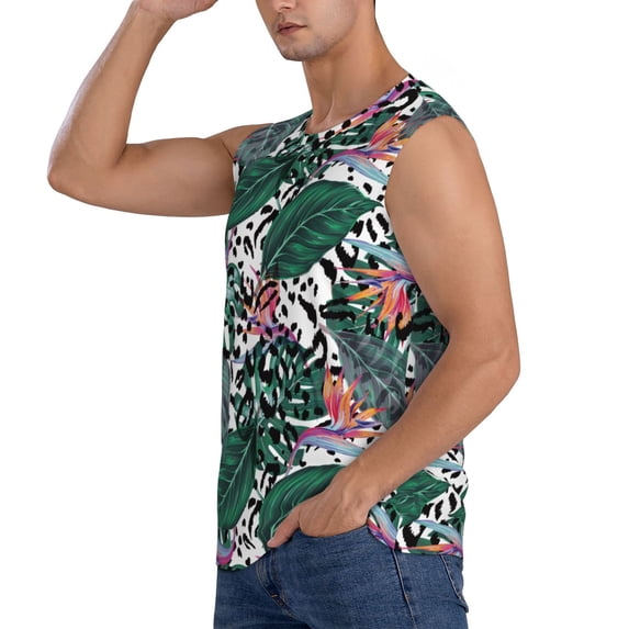 Uemuo Tropical Leaves Pattern Men's Sleeveless T-Shirt,Muscle Athletic Tank Top, Moisture-wicking Quick-dry Breathable Classic Tee Top for Gym Run Outdoor Sports-Small