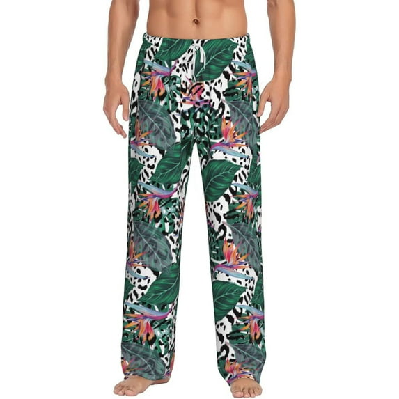 Uemuo Tropical Leaves Pattern Men's Wide Leg Palazzo Lounge Pants with Pockets Light Weight Loose Comfy Casual Pajama Pants-X-Large