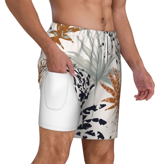 Uemuo Tropical Leaves Pattern Mens Swim Trunks Quick Dry Board Shorts with Mesh Lining, Stretch Beach Shorts Quick Dry No-Chafing Board Shorts-Medium