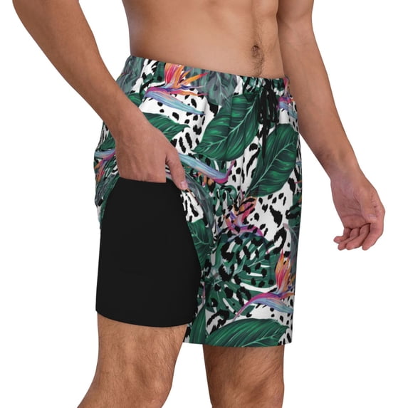 Uemuo Tropical Leaves Pattern Mens Swim Trunks Quick Dry Board Shorts with Mesh Lining, Stretch Beach Shorts Quick Dry No-Chafing Board Shorts-